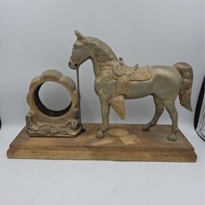 Vintage Die Cast‎ All Metal Horse Mantel Clock Wood Base NO CLOCK